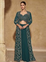 Peacock Blue Real Georgette Shrug Style Lehenga Choli